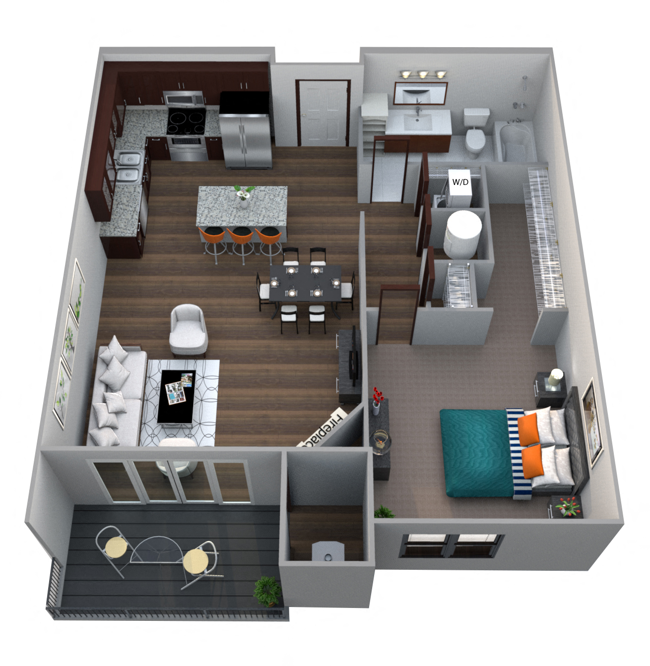 Floor plan for 1 bed, 1 bath, 781 sqft